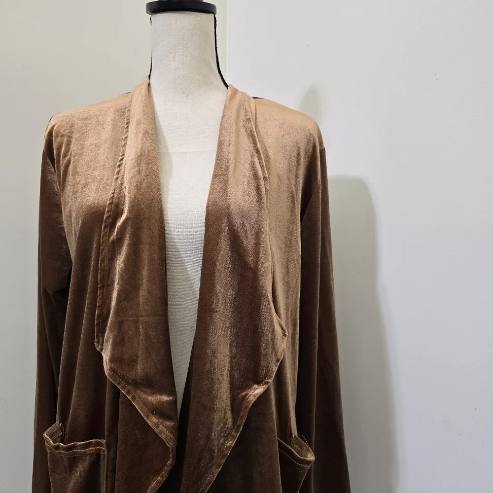 HIPSTER ROW size XL Draping Open Front Velour Cardigan Front Patch Pockets Brown